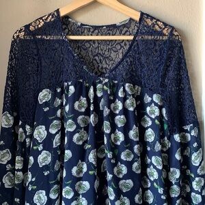 ENTRO Navy Blue Floral Bell Sleeve Mini Dress